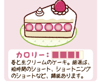 カロリー度3.5　苺と生クリームのケーキ。語源は、短時間のショート、ショートニングのショートなど、諸説あります。